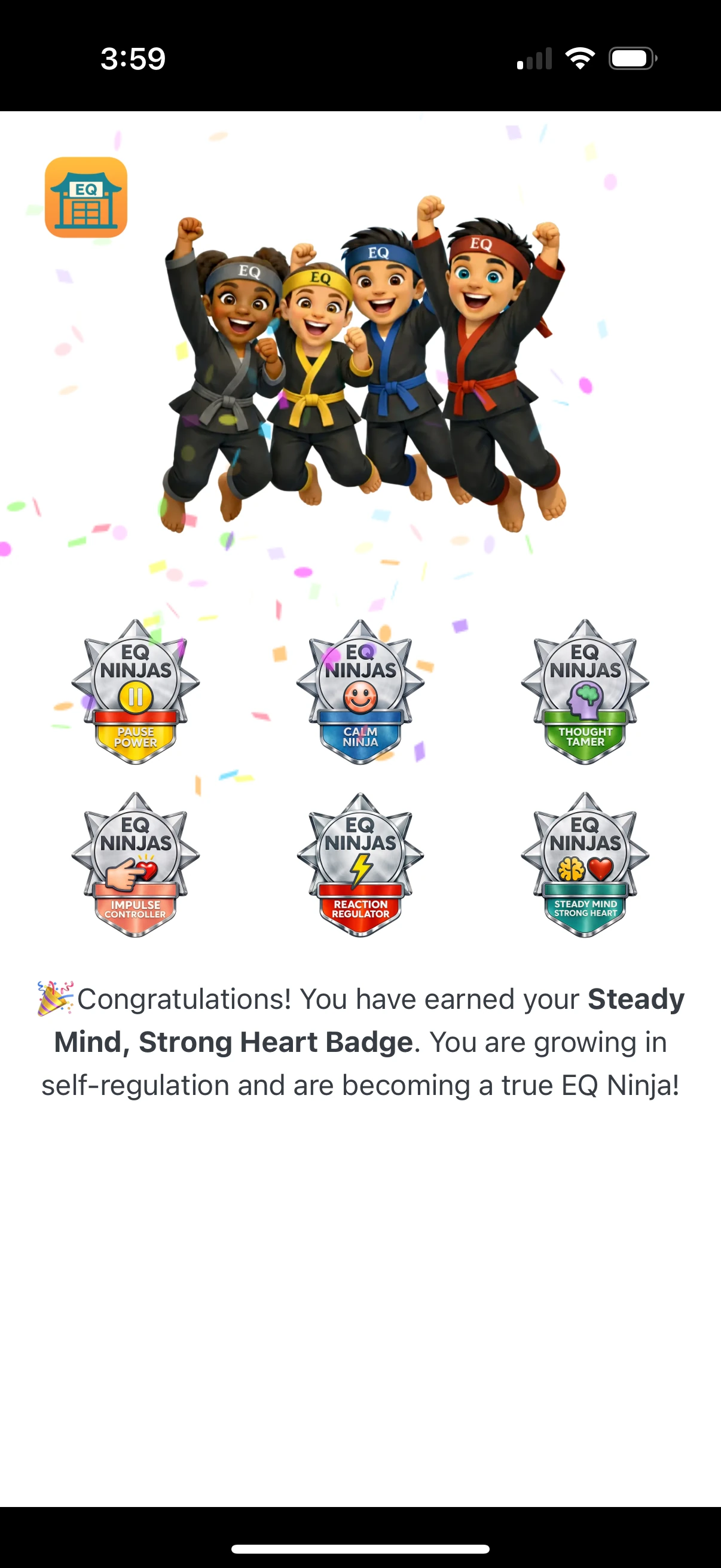 Achievement badges earned inside EQ Ninjas