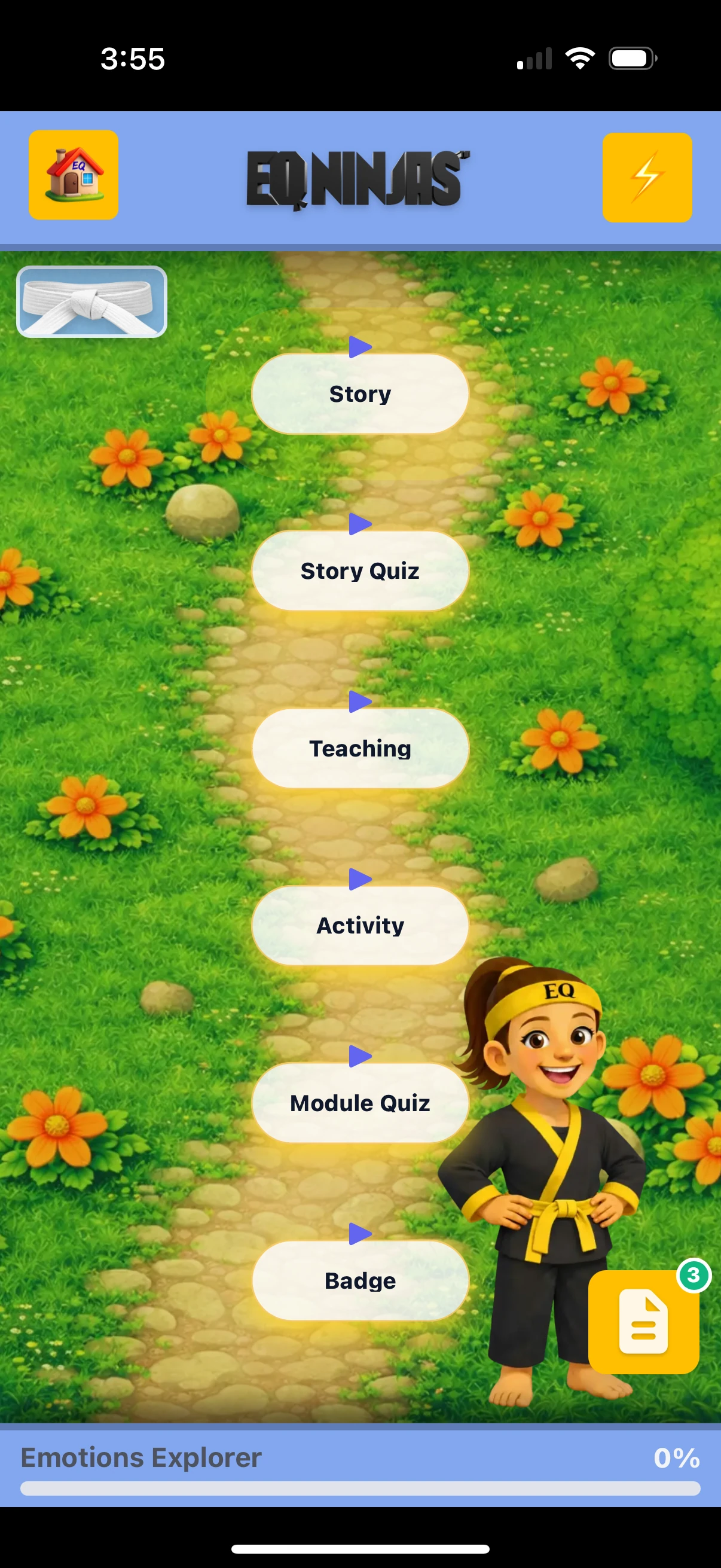 An EQ Ninjas module path showing the story, teaching, activities, quiz, and badge