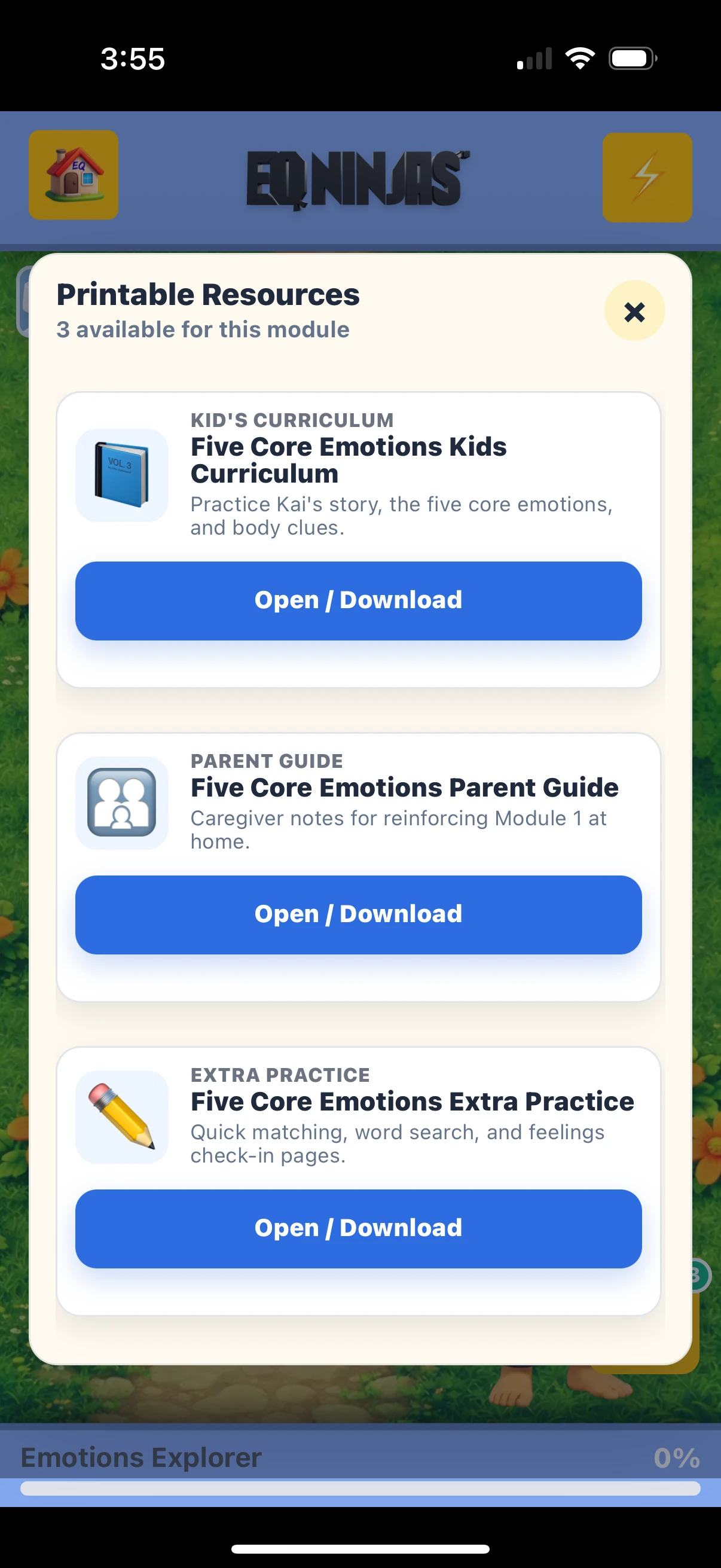 Printable child, parent, and extra practice resources in the app