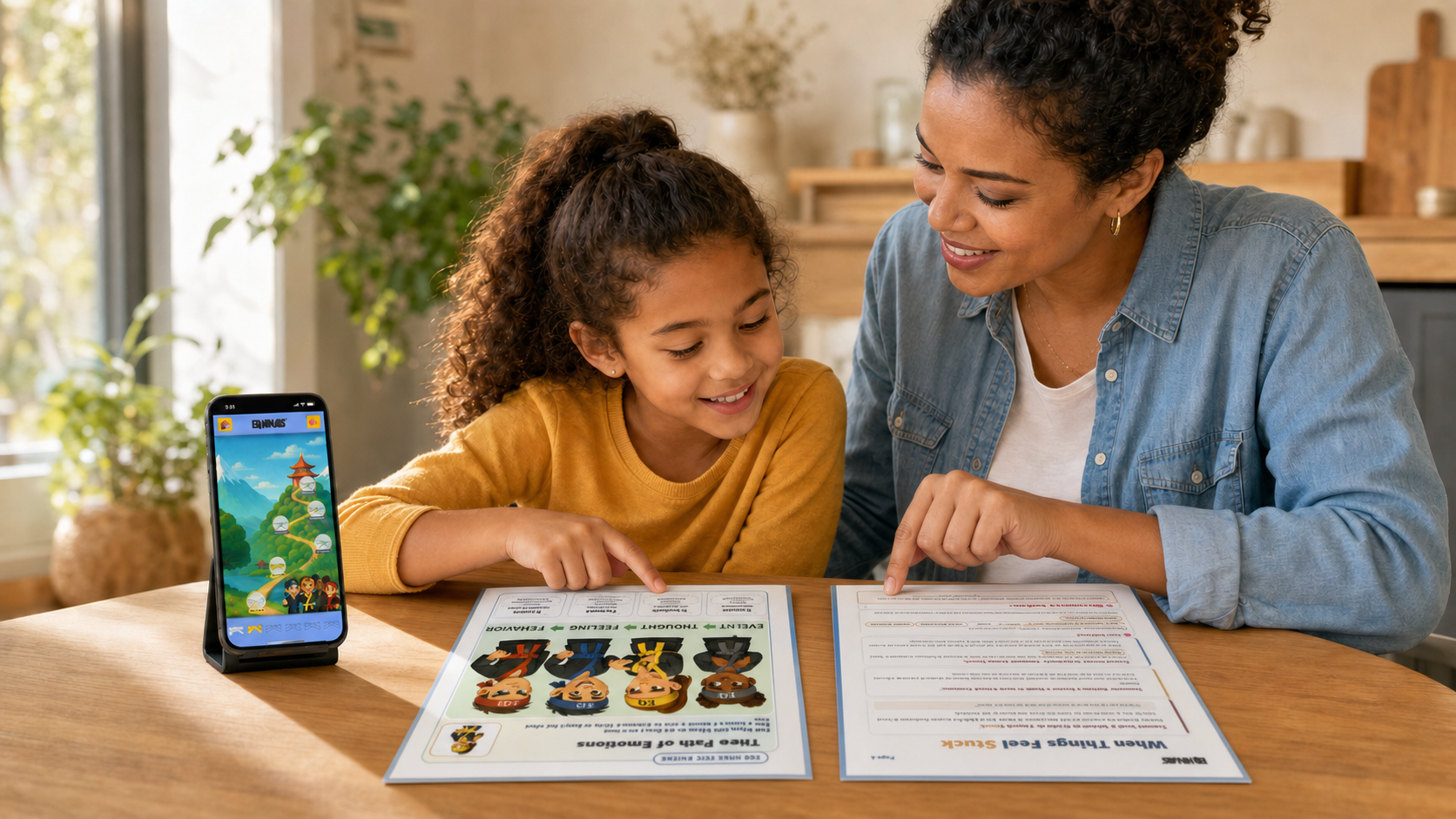 A parent and child use the EQ Ninjas app, kid workbook, and parent guide together