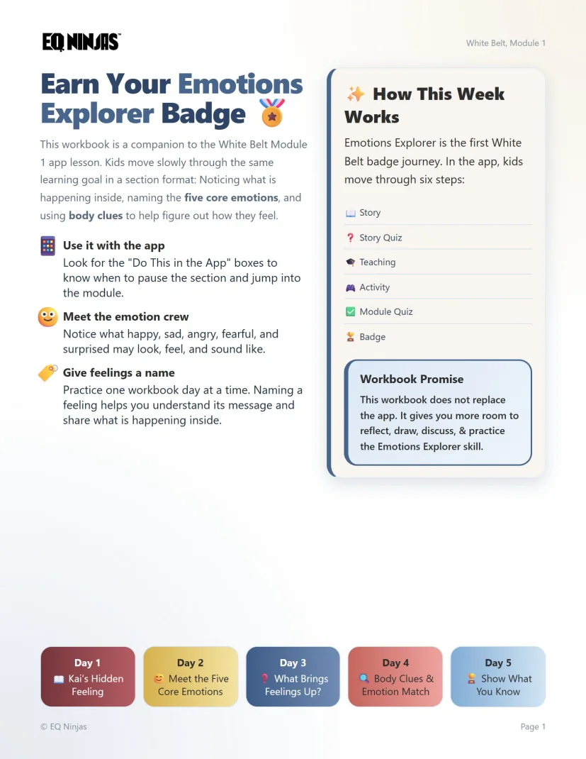 A real page from the White Belt kid workbook showing the five-day routine and app steps
