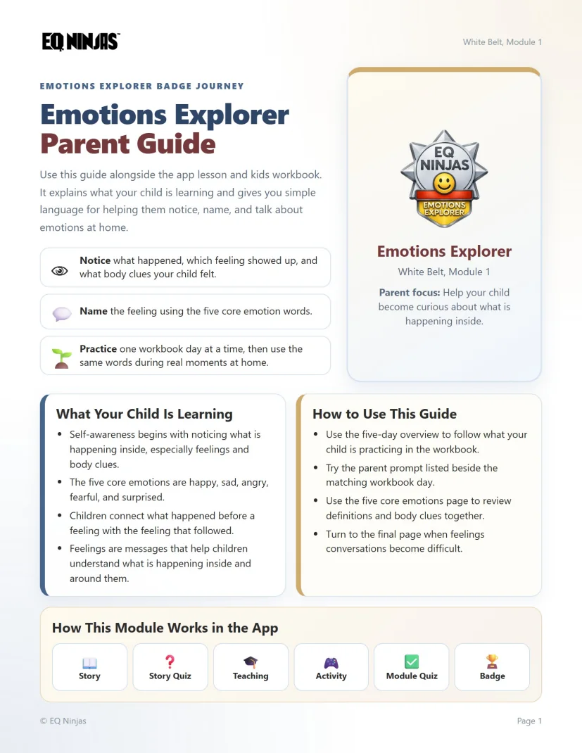 A real page from the matching White Belt parent guide explaining what a child is learning and how a parent can follow along
